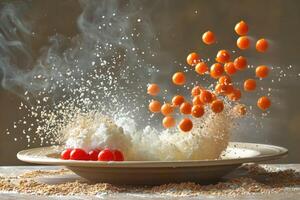 A delicious dish of cherry tomatoes and whipped cream elegantly served photo