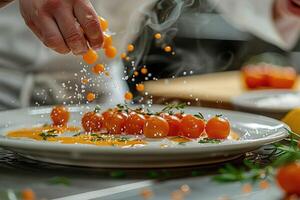 A skilled chef is artfully sprinkling fresh tomatoes on a plate of food photo