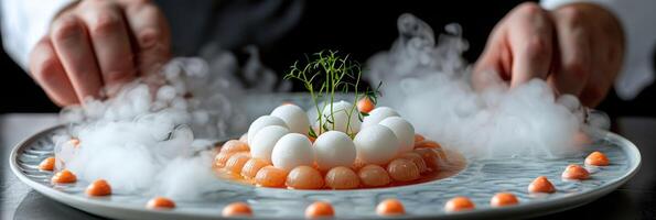 Experience an Elegant Culinary Presentation that features Smoke and Creative Culinary Garnish photo