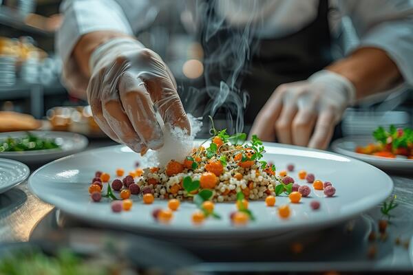A professional chef is carefully sprinkling salt on a plate of food
