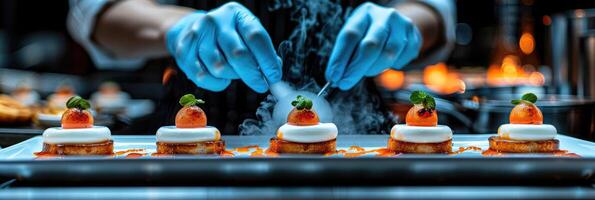 A chef is preparing a delicious dessert in a busy restaurant photo