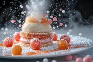 A dessert of powdered sugar and fresh fruit on a white plate photo
