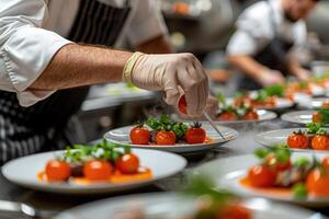 A skilled chef is carefully adding fresh tomatoes to a plate of food photo