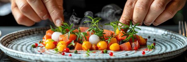 An individual is skillfully preparing a plate of delicious food on a table photo