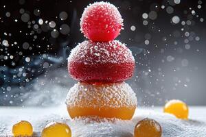 A whimsical snowman creatively crafted using fruit and powdered sugar photo