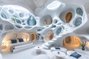 There is a bright white room that contains a bed and some stairs in it photo