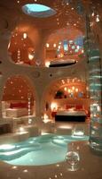 A beautifully designed bedroom with a swimming pool at its center photo