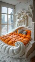 A snow bed with vibrant orange blankets and soft pillows creates coziness photo
