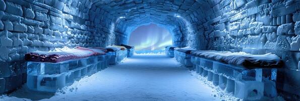 An ice and brick tunnel with a view of the aurora borealis photo