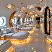 A very long room that contains a lot of beds and numerous mirrors photo