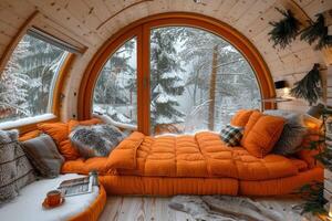 A cozy living room featuring an orange couch and a very large window photo