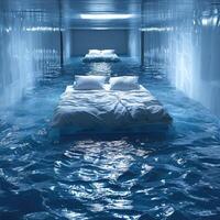 A bed is gently floating in a serene pool of crystalclear water photo