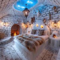 A cozy bedroom featuring a comfortable bed and a warm fireplace in it photo