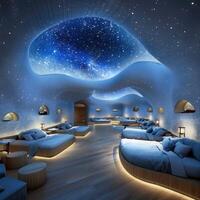 A cozy room filled with multiple beds beneath a starry night sky photo