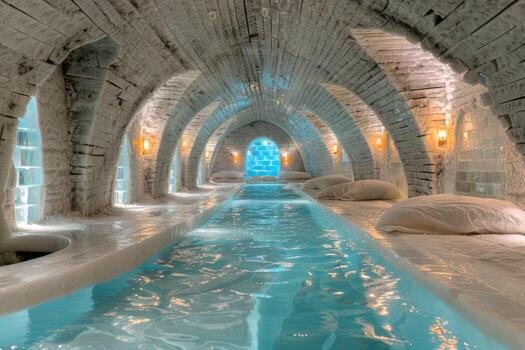 A large swimming pool that is completely surrounded by ice blocks photo