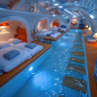 There is a swimming pool filled with numerous beds for relaxation photo