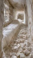 A cave completely filled with rocks and a bed located in the middle photo