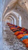 A colorful row of cozy bean bag chairs is neatly arranged within a tunnel photo