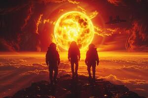 Three astronauts are standing together in front of a large sun photo
