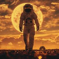 A pixel art depiction of an astronaut walking in front of a large, full moon photo