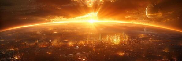 Aerial view of a city at night with sunlight through clouds photo