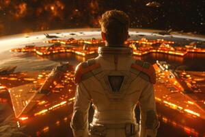 A man dressed in a space suit is gazing thoughtfully at the earth photo