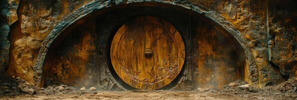 There is a large wooden door located in the very middle of a cave photo