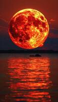 A beautiful full moon rises gracefully over a calm body of water photo