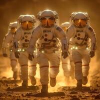 A group of astronauts are walking through a vast desert landscape photo