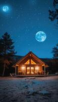A rustic log cabin is illuminated at night by a bright full moon photo