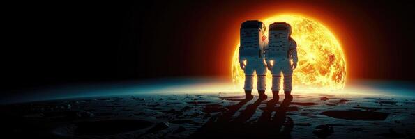 Two astronauts stand together before a bright, full moon photo