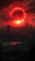 A large, vibrant red moon is majestically rising over a bustling city at night photo