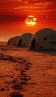 There is a picturesque row of huts set in the desert during sunset photo