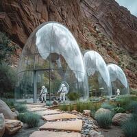 A group of astronauts is standing in front of a large glass dome photo
