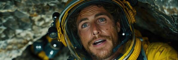 An Astronaut Embarking on an Exciting Adventure in Dark Caves While Wearing a Futuristic Suit photo