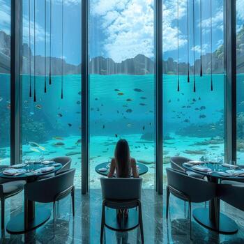 A woman sits at a table by a window with an ocean view photo