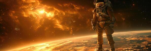 An astronaut is currently standing on the surface of a distant planet in space photo