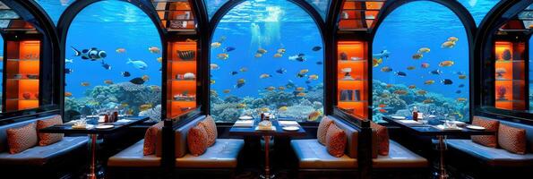 An Unforgettable Underwater Dining Experience Surrounded by Colorful Marine Life and Ecosystem photo