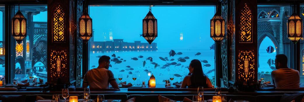 A couple sits at a table by a large window overlooking the ocean photo
