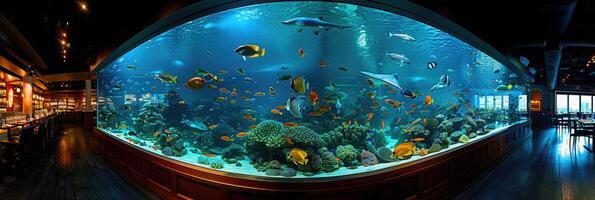 Enjoy a vibrant aquarium with beautiful fish and corals, enhancing a delightful dining experience photo
