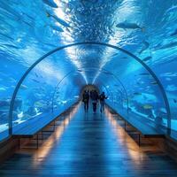 Individuals are traversing a tunnel that is teeming with various fish photo