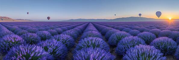 Witness hot air balloons soaring over a lavender field lit by the vibrant hues of sunrise photo