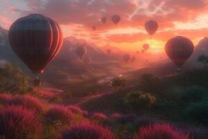 Colorful hot air balloons soar over a field of blooming flowers photo