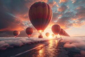 Witness hot air balloons soaring over a lavender field lit by the vibrant hues of sunrise photo