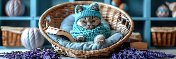 A Cozy Cat Snuggled in a Knitted Hat and Sweater, Enjoying Relaxation at Home Sweet Home photo