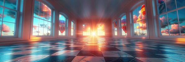 An Illuminated Room, Featuring a Stunning Sunset Alongside Hot Air Balloons in the Sky photo