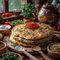 fried pancakes with red caviar photo