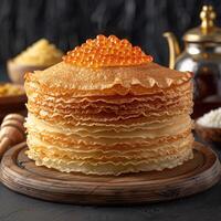 fried pancakes with red caviar photo