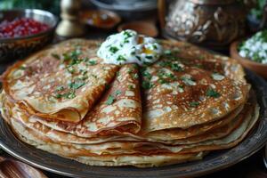 fried pancakes with red caviar photo