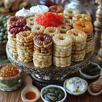 fried pancakes with red caviar photo
